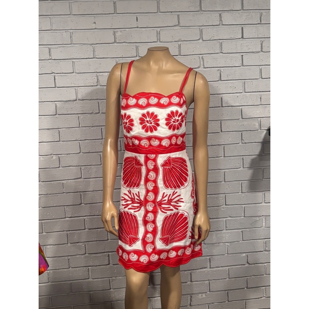 Farm Rio Red White Ainika Shell Euroflax Premium Linen Mini Dress | XL - Picture 4 of 13